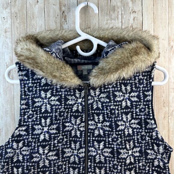 T By Talbots Vest‎ Womens M Navy White Snowflake Faux Fur Hood Nordic Warm Cozy - Picture 3 of 6